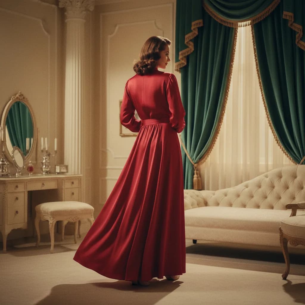Campagne Queen Lesellier, robe rouge dans un boudoir crème