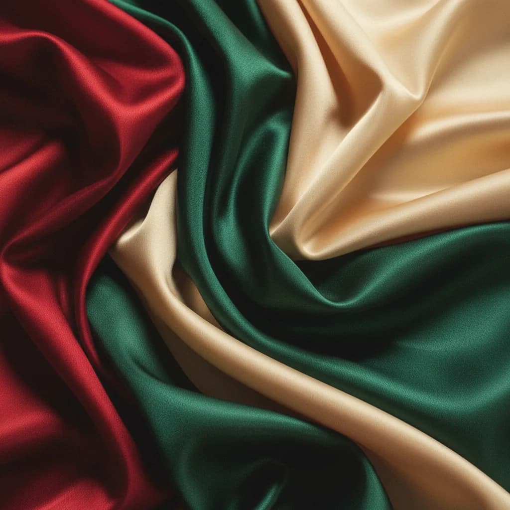 Tissus rouge, émeraude et ivoire